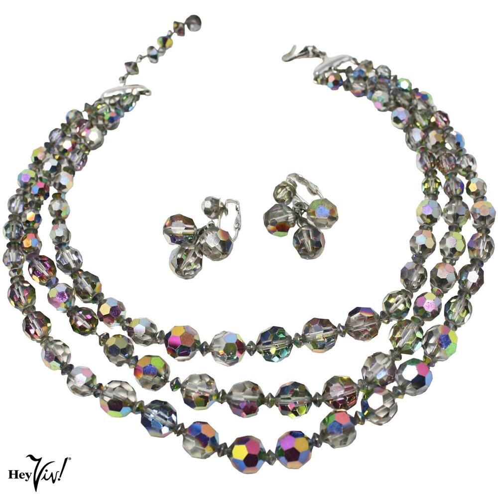 Vintage 50s Aurora Borealis Crystal 3 Strand Necklace Clip Earrings Set -Hey Viv